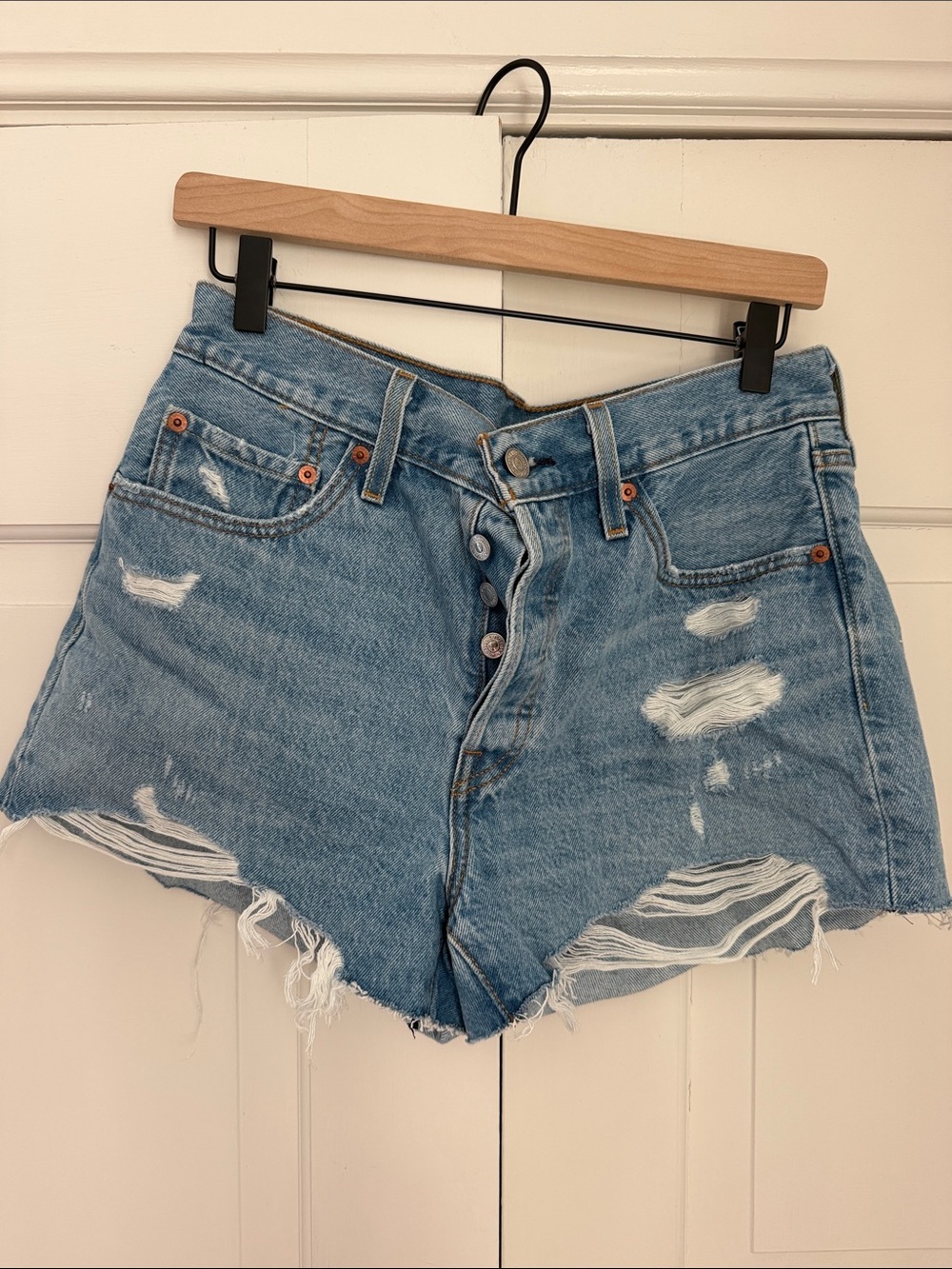 Levi's Light Blue Distressed Button-Fly Denim Shorts